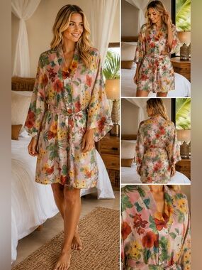 LA Intimates Pink Tropical Floral Semi Sheer Satin Kimono Robe L Resort Lounge